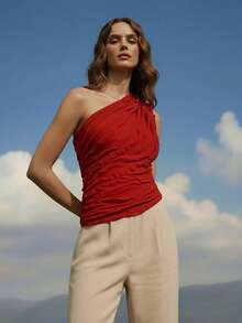 CAJUNI Women's Summer Vacation  Red  One Shoulder Sleeveless Crop Top, One Shoulder Top, Red Summer Top, Red Top - Red - View 1