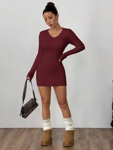 Flirla Women's Solid Color V-Neck Long Sleeve Fitted Knit Sweater Dress, Autumn/Winter - Burgundy - View 5