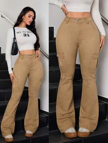 SHEIN Tall Quần jeans ống loe cạp cao có túi hộp thời trang dành cho nữ Quần ống loe thời trang mùa đông màu kaki sang trọng - Màu Khaki - Xem 2