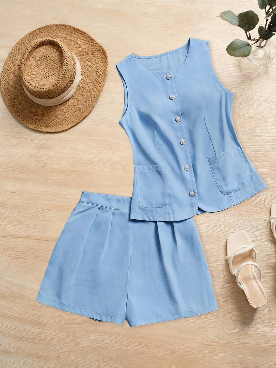SHEIN LUNE 2 件套女士休闲纯色亚麻修身圆领背心和阔腿短裤套装,春夏 - 藍色 - 查看 1