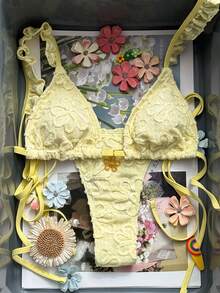 Swim Mod 2026 New Spring/Summer Women's Yellow Triangle Bikini Swimsuit, Sexy Backless Triangle Bottoms, Unique Fabric, European & American Style Flower Swimsuit Lemon Bathing Suit Lemon Bikini Yellow Bathing Suits Yellow Bikini