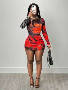 BamGleam Women's Fashion Sexy Printed Mesh Mini Dress - Red - View 7