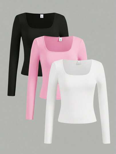 Girlism 3pcs/Set Teen Girls' Crew Neck Long Sleeve Solid Color All-Match Fitted Knit T-Shirts, Autumn/Winter