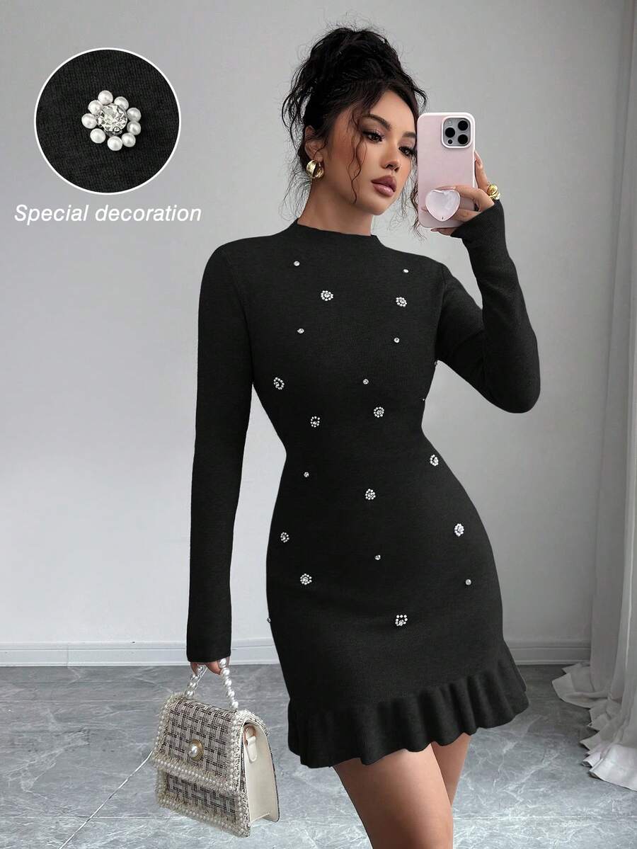 SHEIN Elenzya 秋冬新款针织镶钻立领长袖修身优雅荷叶边下摆女式毛衣连衣裙 - 黑色 - 查看 1