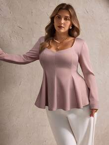 SHEIN LUNE 大码女式甜心领方领荷叶边下摆休闲衬衫 - 藕粉色 - 查看 5