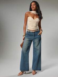 Hauture Business Office Sexy Fall Soft Brushed Sweetheart Ruched Pleated Backless Halter Top - Khaki - View 3