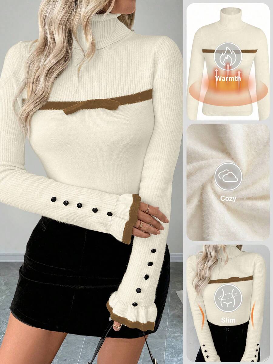 RosyDaze Women's Turtleneck Ruffle Button Design Long Sleeve Knit Pullover Sweater With Bow, Tight Fit Thermal Lining - Multicolor - View 1