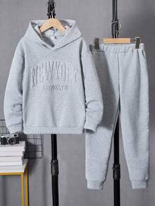 Tween Boy 2pcs Set Casual Hoodie And Sweatpants, Knit Fabric, Autumn/Winter, School, Campus, College