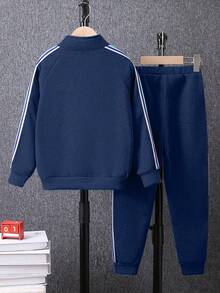 SHEIN Vacaura 两件套男童休闲运动套装 - 长袖拉链夹克和裤子 - 藏蓝色 - 查看 2