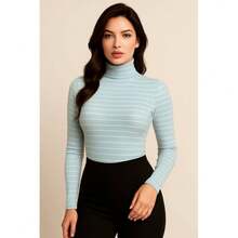 Blusa Top de Líneas Rayas Cuello Alto Manga Larga para Mujer Dama Sexy Casual Básico Lindo Adorable Tierno Ajustada - Azul - Ver 5