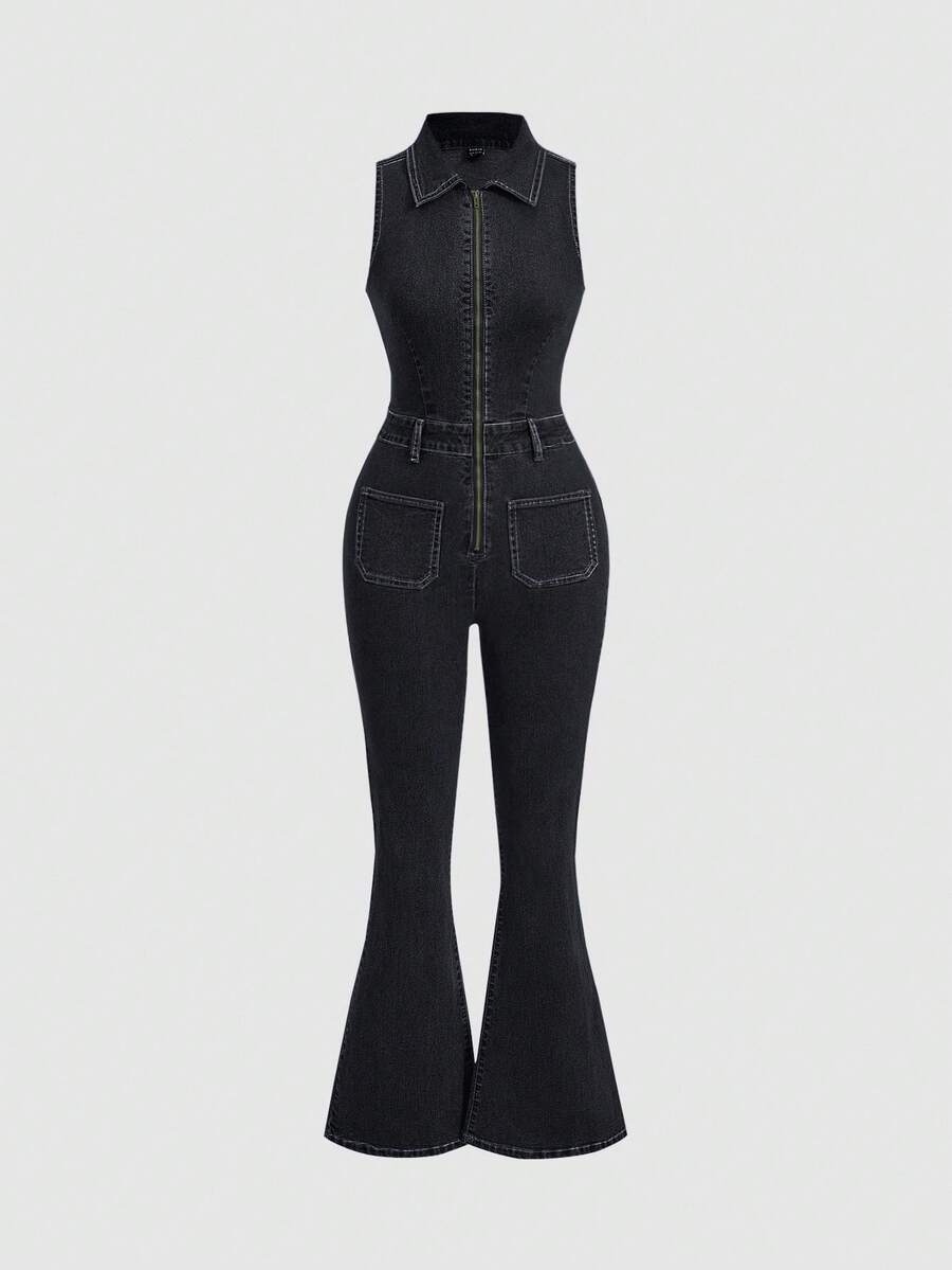 SHEIN MOD Bộ đồ liền thân denim không tay tối giản màu trơn dành cho nữ, trang phục thường ngày - Rửa tối - Xem 1