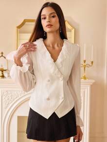 EMERY ROSE Blus Lengan Panjang Wanita Gaya Eropa Elegan dengan Leher V, Ruffle, dan Patchwork serta Pinggang yang Dikencangkan - Putih - View 4