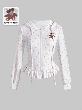 Kawaii Sudadera con capucha con cremallera, con parches de malla con volantes y bordado de oso floral, estilo vintage para mujer