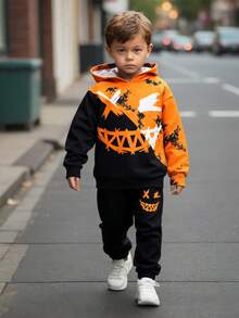 SHEIN Bộ 2 món/Bộ quần dài nỉ và áo hoodie họa tiết graffiti màu phong cách Halloween cho bé trai, rộng rãi ấm áp, thích hợp cho các dịp trở lại trường, sinh nhật, tiệc chào đón em bé, tiệc ngày lễ, mùa thu/đông, chất liệu nỉ dày dặn - Nhiều màu - Xem 10