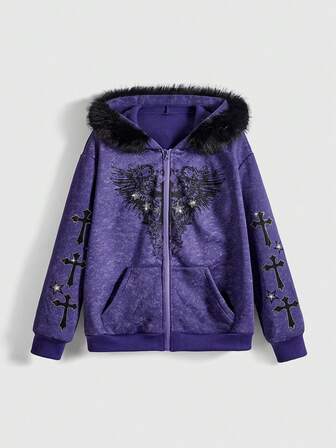 Fairycore sweat-shirt à capuche avec fermeture éclair, ailes croisées et strass, effet délavé pour femmes