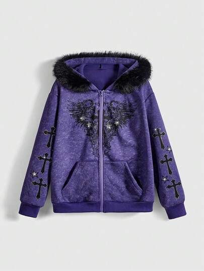 Fairycore Sudadera con capucha con cremallera frontal, alas cruzadas y strass, con efecto desgastado para mujer