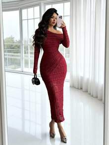 Rafferiza Fashionable Urban New Women's Burgundy Lace Sash Fitted Midi Dress, Suitable For Daily Commute, Graduation Party, Holiday Events, Vacation, Date, Party - Burgundy - View 3