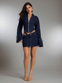 Denimoi 女士纯色不对称下摆修身拉链长袖牛仔夹克外套 - 深色水洗藍 - 查看 8