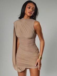 Hauture Women's Sexy Ruched Bodycon Sleeveless Mini Dress - Camel - View 3