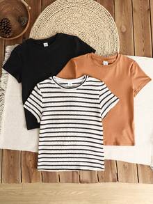 SHEIN 3pcs Tween Girls' Slim Fit Casual Comfortable Round Neck Tight Long Sleeve T-Shirt Set - Multicolor - View 3