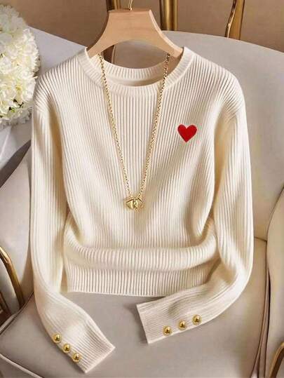 Resyla Nueva camiseta de punto con cuello redondo y bordado elegante, top de punto de moda minimalista