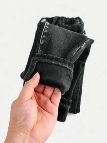 SHEIN 女童基础款蓝色牛仔保暖内衬弹力修身裤，秋冬季 - 黑色 - 查看 5