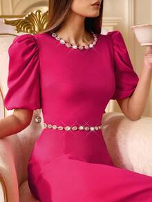 Revavyn 2pcs/Set Autumn British Style Fringe Beaded Collar Puff Sleeve Cropped Top + Skirt For Women - Hot Pink - View 2