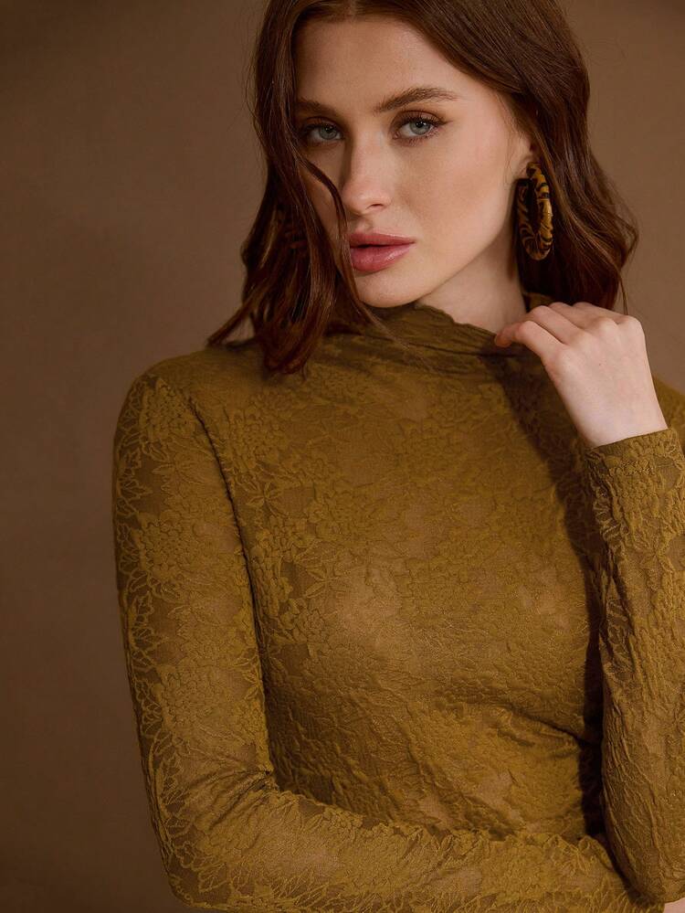 ELEGANT LACE LONG SLEEVE HIGH NECK SHEER CASUAL UNDERSHIRT FOR WOMEN