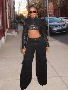 SHEIN Unity Y2K Fashion Street Casual Ultra-Short Faux Leather Coated Jacket - Black - View 3