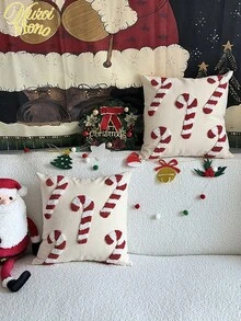 1pc Christmas Candy Cane Theme Plush Pillow Case, Holiday Home Decor Cushion Cover, Bedroom Decorative Throw Pillow Cover - Beige - View 3