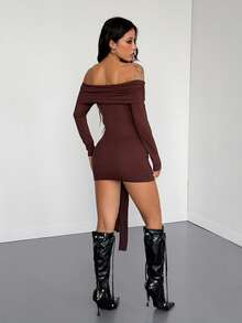 StreetHx 女士收腰褶皱系带露肩长袖迷你连衣裙 - 棕色 - 查看 2