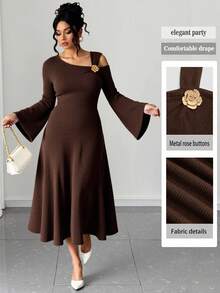 SHEIN Clasi Gaun Elegan Model A-Line Ukuran Plus dengan Dekorasi Mawar Emas, Lengan Mengembang Bergaris, dan Pinggang Ramping - Coklat - View 1