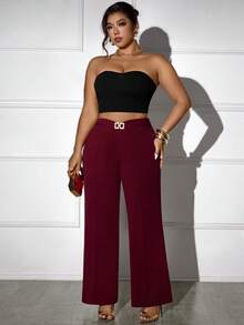 Femmeverse Plus Size Elegant Burgundy Solid Color Wide Leg Pants, Suitable For Commuting,Party,Office,Christmas,Thanksgiving Day,Light,Night Out For Women In Fall/Winter