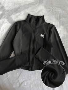 IslaSuriya 女式 Polo 图案印花轻便夹克，休闲街头运动拉链修身长袖外套，秋季 - 黑色 - 查看 1
