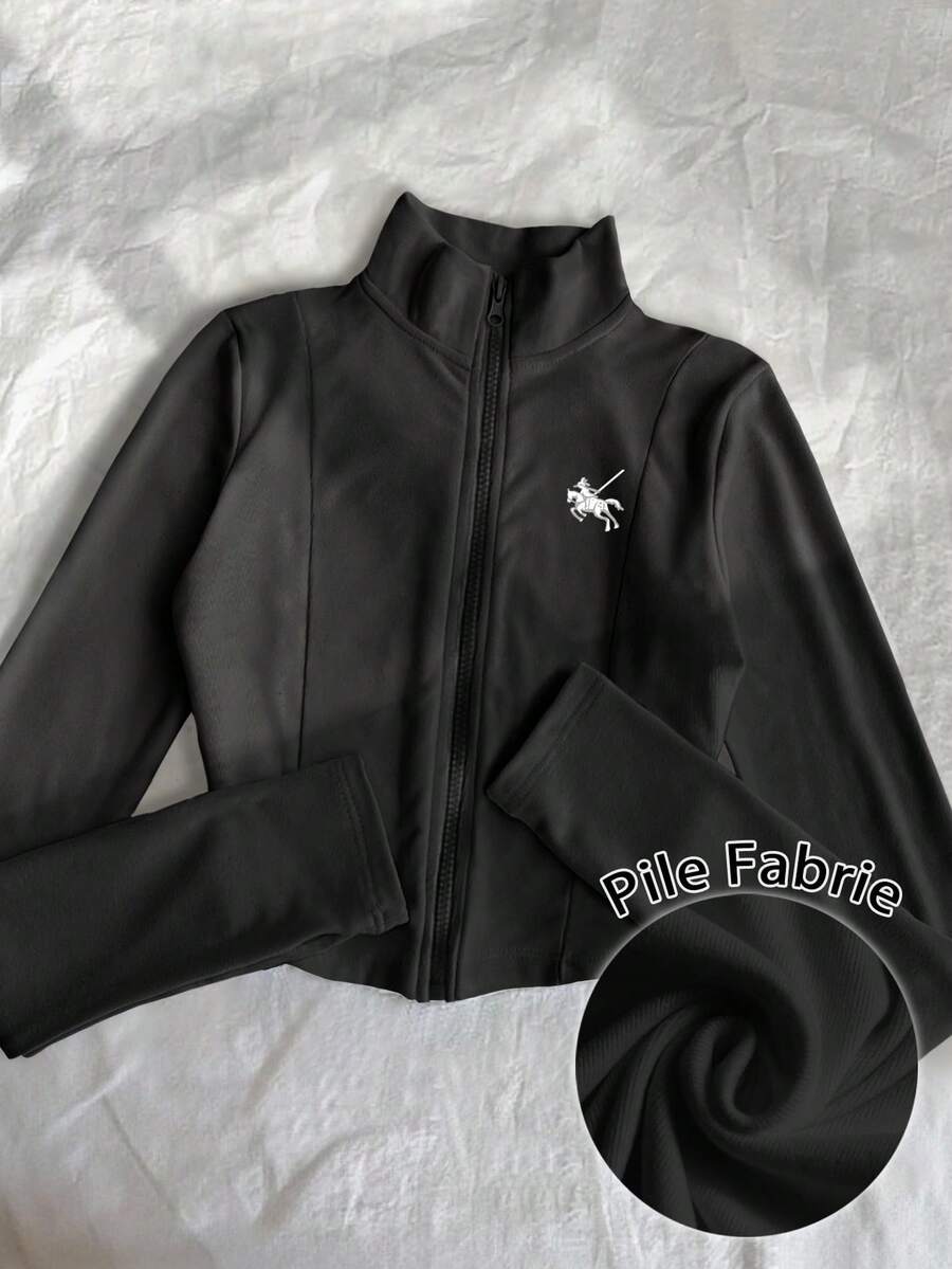 IslaSuriya 女式 Polo 图案印花轻便夹克,休闲街头运动拉链修身长袖外套,秋季 - 黑色 - 查看 1