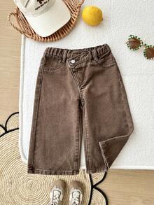 Baby Girls Loose Asymmetrical Waistband Brown Denim - Coffee Brown - View 10