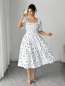 Elenzga 大码女式方领褶皱碎花泡泡袖优雅中长连衣裙，适合夏季、返校季、毕业典礼、假期、情人节、音乐节、母亲节、万圣节、感恩节、复活节、国庆节、舞会、约会、派对、婚礼、户外活动等场合。 - 彩色 - 查看 6