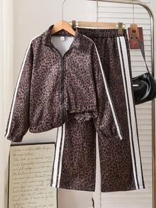 Sparklyn Fashionable Leopard Print Casual Jacket & Pants Set For Tween GirlsSpring/Autumn - Multicolor - View 3