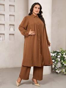 Veilorie Plus Size Women's Casual Solid Color Front Button Long Sleeve Top And Pants Arabic Style Set, Autumn - Brown - View 5