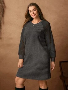 EMERY ROSE Plus Size Solid Color Minimalist Casual Round Neck Long Sleeve Dress - Black - View 9