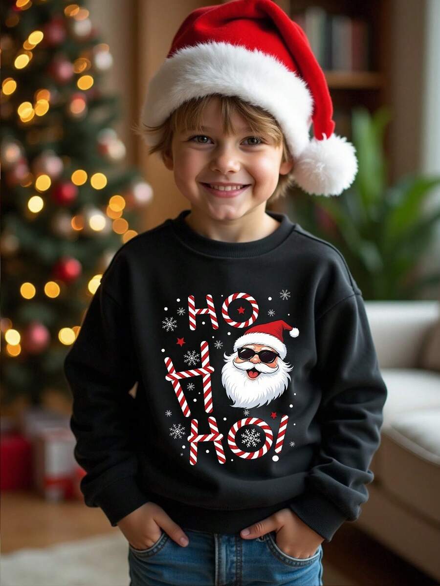 男童休闲可爱圣诞老人“HO HO HO”印花长袖圆领卫衣，适合外出、度假、圣诞节、秋冬季穿着。 - 黑色 - 查看 1