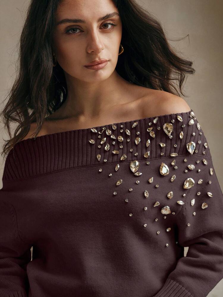 Anewsta Women's Off-Shoulder Christmas Sweater, Elegant Women's Winter Knitted Beaded Pullover Sweater