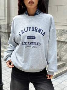 Muchica Casual Minimalist California Los Angeles Graphic Print Loose Fit Crew Neck Long Sleeve Hoodie Sweatshirt For Women, Suitable For Airport And Street Wear Autumn And Winter - Light Grey - View 3