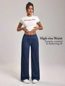 Flexra Plus Size Women Elastic Waist Pockets Wide Leg Loose Casual Jeans - Dark Wash - View 6