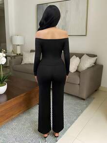 SHEIN Clasi 1 Bộ đồ lót nữ tay dài hở vai cài nút kim loại thanh lịch cỡ lớn hai mảnh - màu đen - Xem 2