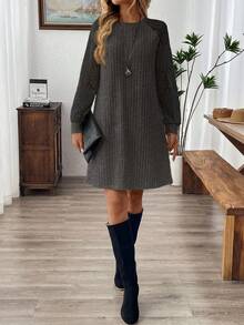 EMERY ROSE Plus Size Solid Color Minimalist Casual Round Neck Long Sleeve Dress - Black - View 4