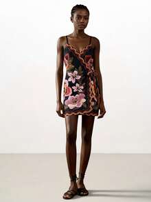 CAJUNI Women's Casual Vacation Tropical Tapestry Floral Peony Print Black Sleeveless Off-Shoulder Short Wrap Dress, Date Night Dress, Hibiscus Dress, Flower Dress Woman - Black - View 8