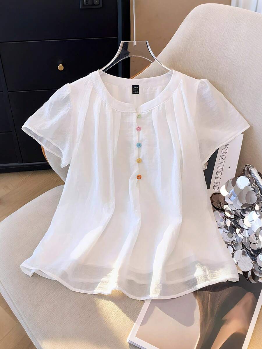 GlowEve CURVE Plus Size Women Elegant Simple Solid Color Pleated Collar Colorful Button Decor Round Neck Short Sleeve Blouse - White - View 1