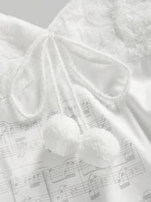 ROMWE Gyaru Y2K Abihimekaji Removable 2-In-1 Furry Musical Note Print Short Dress, Suitable For Winter Outfits - White - View 3