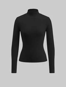 SHEIN BASICS 女士休闲简约黑色高领T恤，适合春秋季穿着 - 黑色 - 查看 6